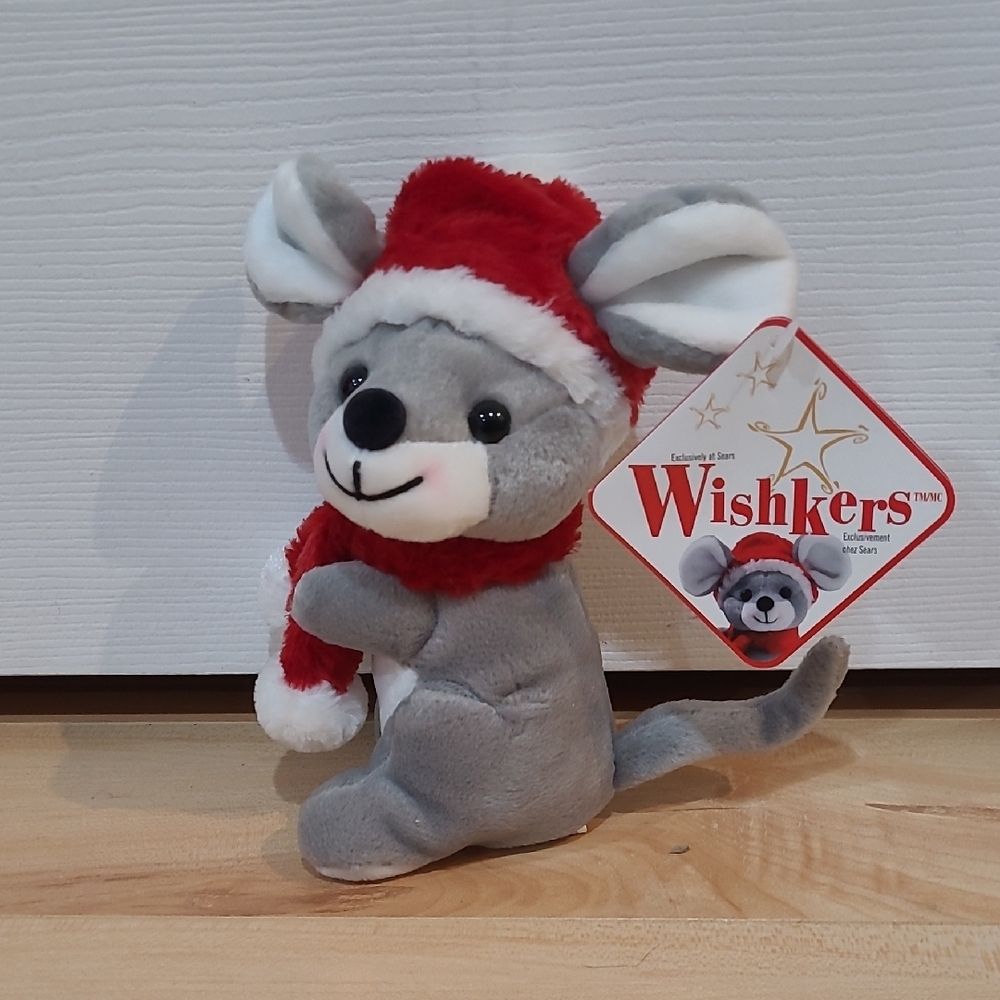2001 Wishkers Sears Gray Mouse Plush with Red Hat